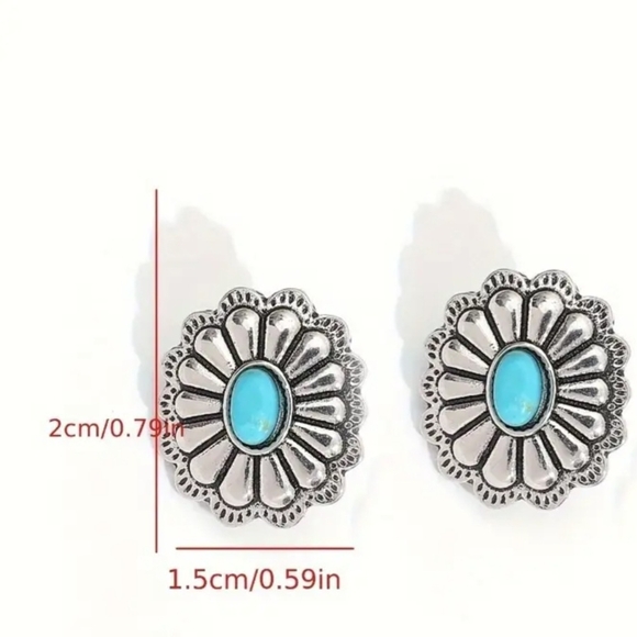 Turquoise Silver Floral Stud Earrings Concho - Picture 3 of 3